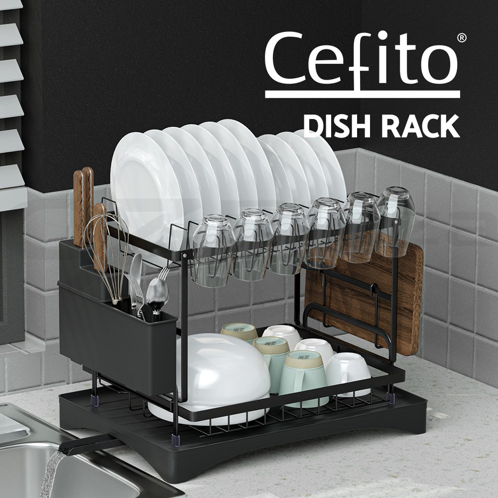 Cefito Dish Rack 2 Tiers Expandable Drying Drainer Cutlery Holder Black 46cm