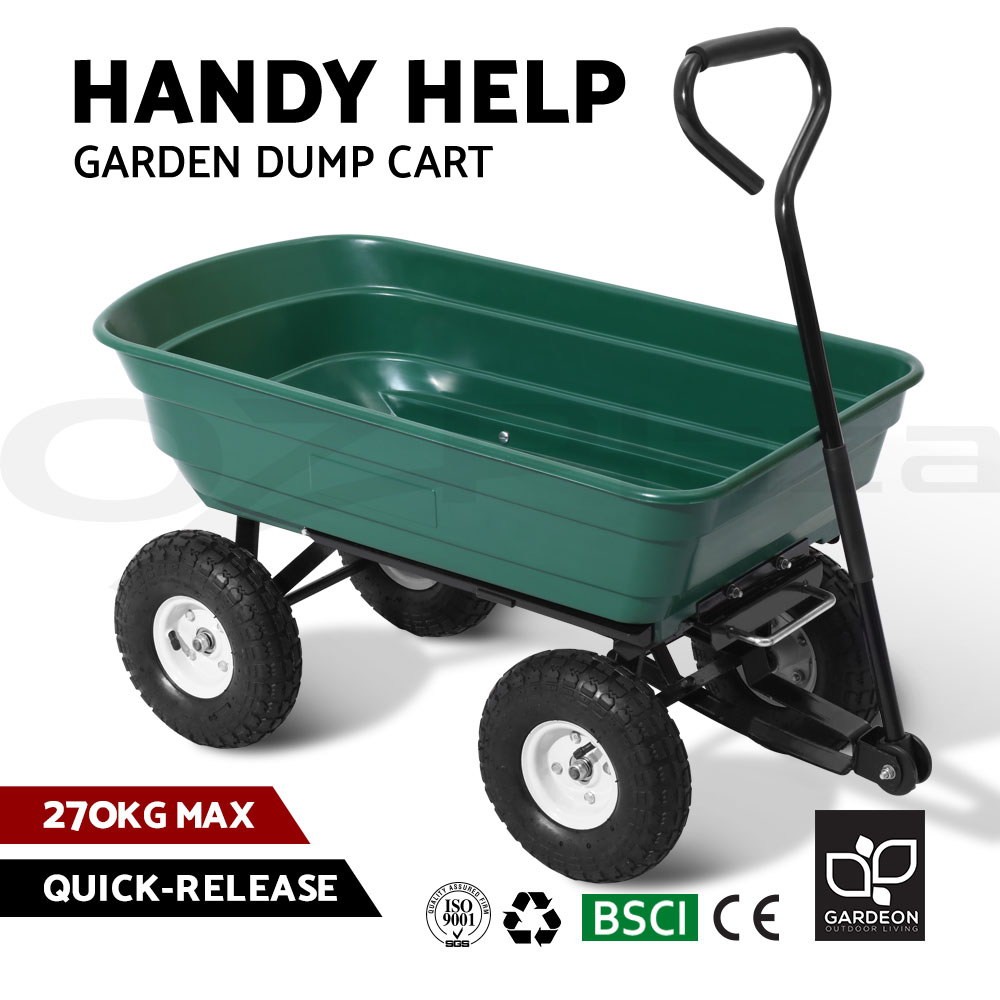 Gardeon Garden Dump Cart 270kg 75L Green Pneumatic Tyres Padded Handle Pull