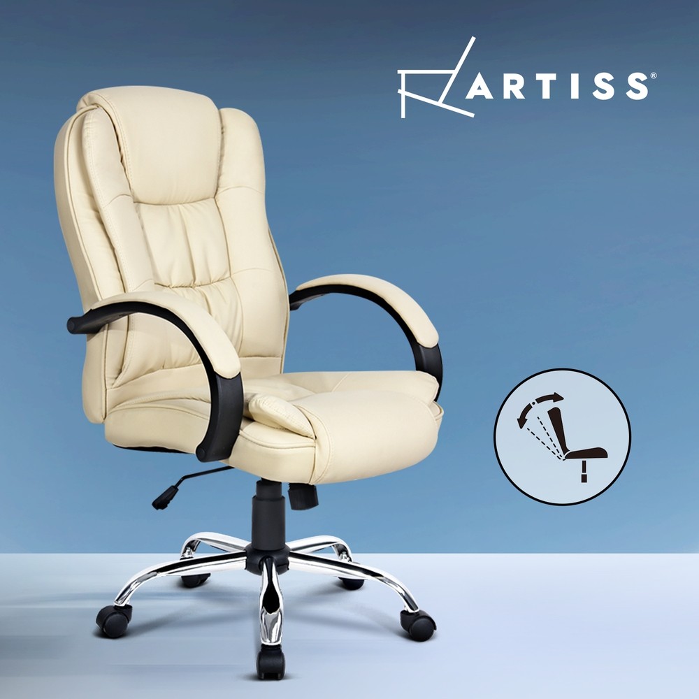 Artiss Rainier Office Chair PU Leather Adjustable Height Tilt 360 Swivel Beige