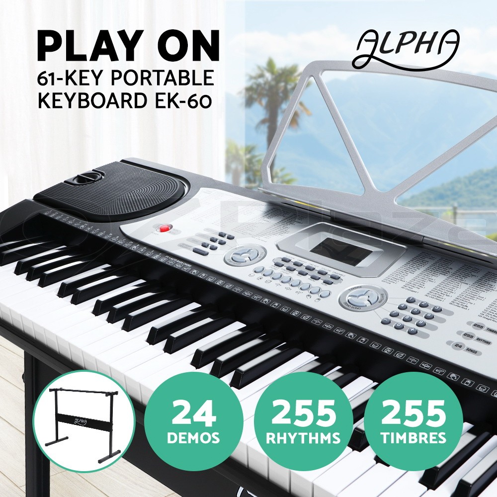 Alpha EK-60 61-Key Portable Electronic Keyboard Built-In Effects Stand Black