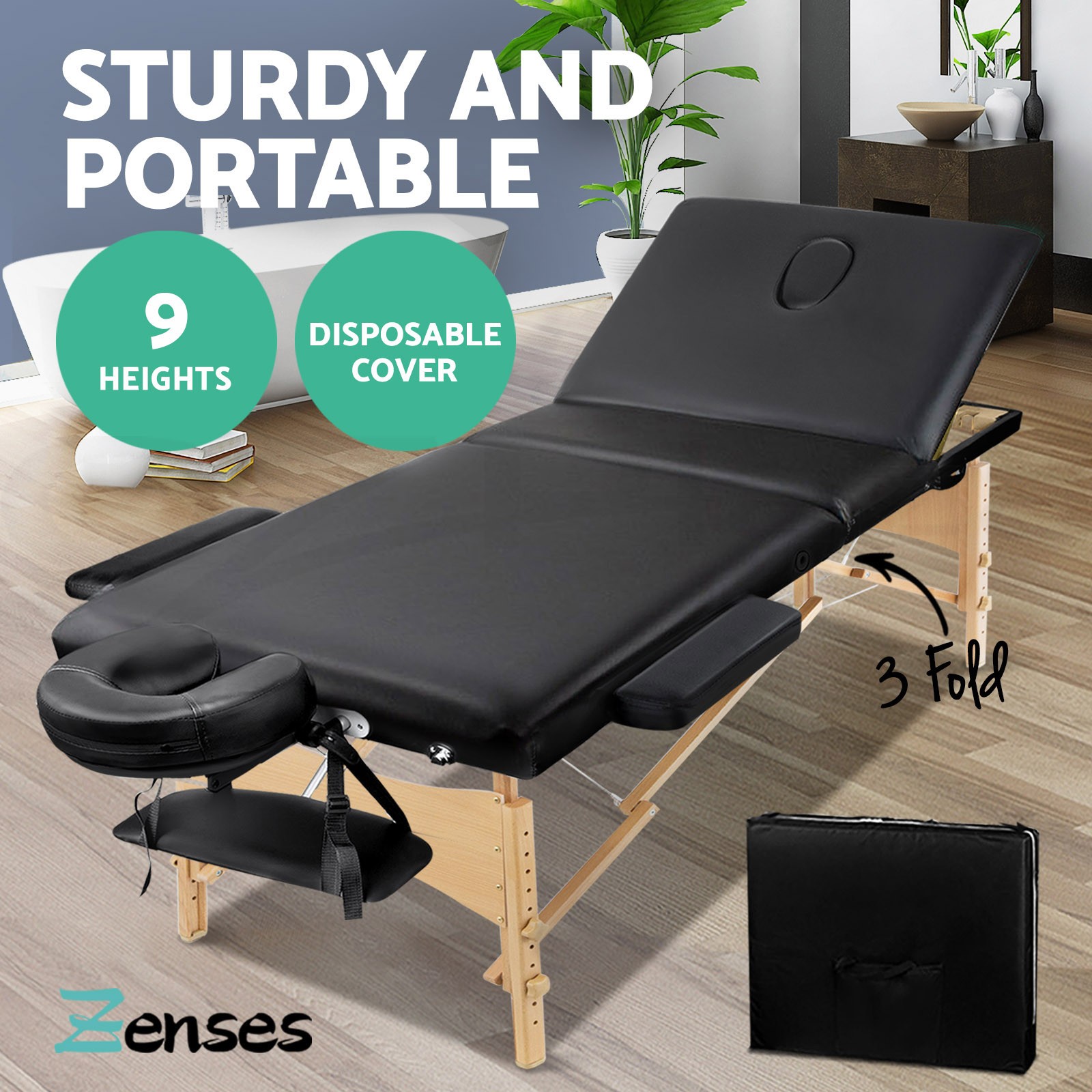 Zenses Portable Wooden Massage Table 3 Fold Black 250kg Adjustable Headrest