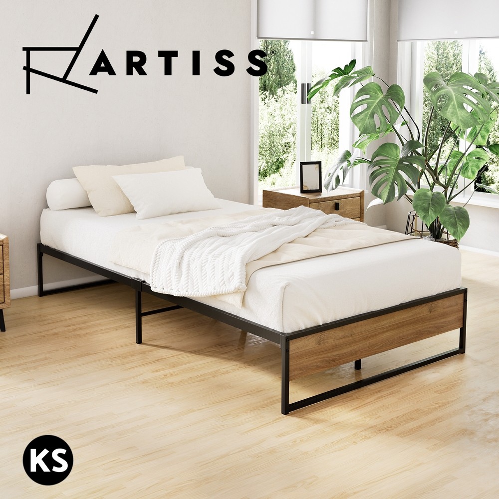 Artiss OSLO King Single Bed Frame Metal Wood Black 203cm Mattress Base Platform