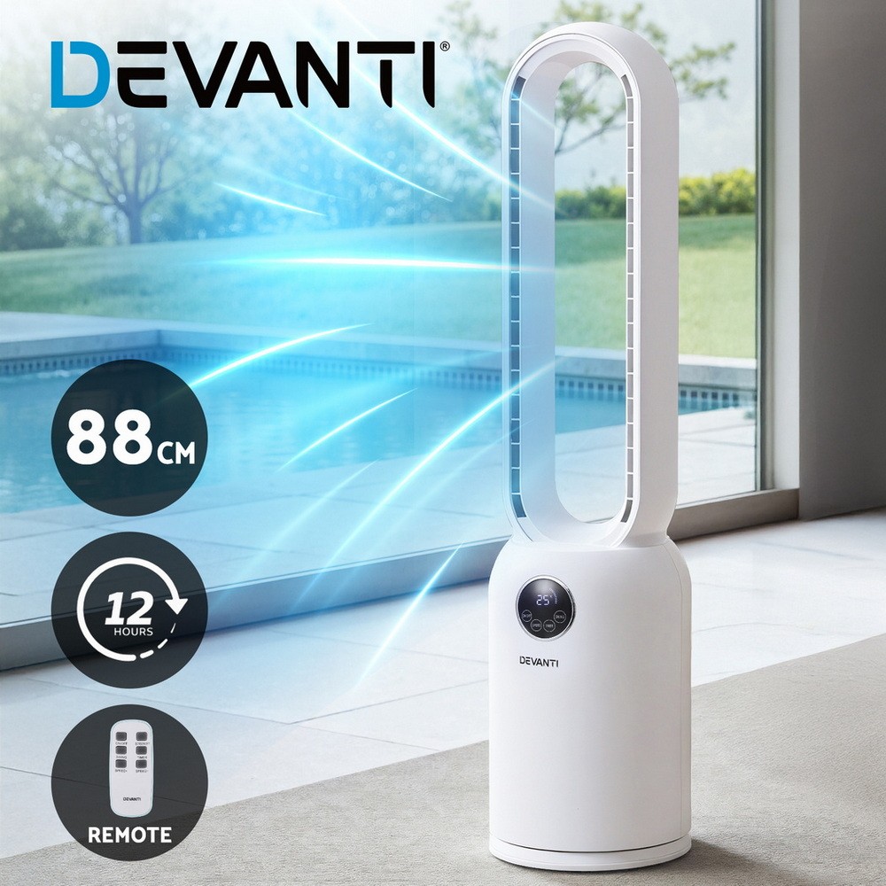 Devanti 2in1 Bladeless Tower Fan Air Purification 24-Speed White 88cm W/ Remote