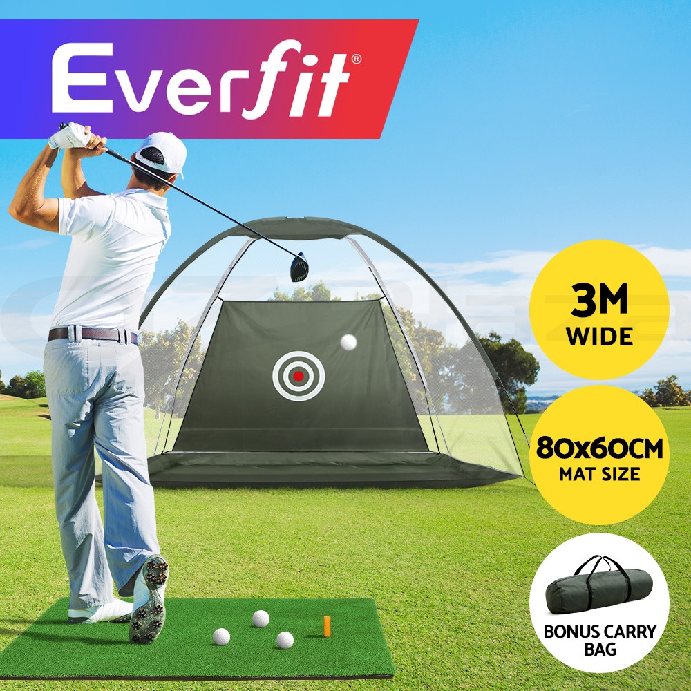 Everfit Golf Practice Net Mat Set 3M Indoor Outdoor Target Cage Green 80x60cm
