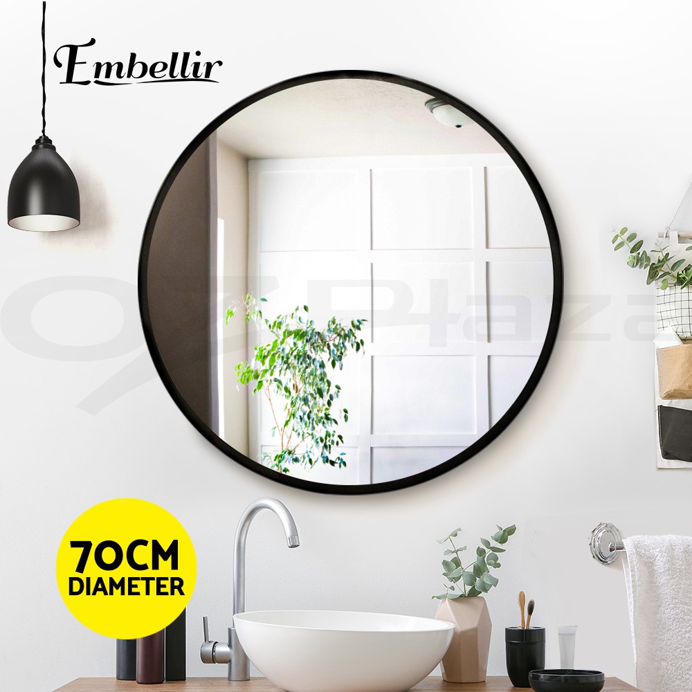 Embellir Round Wall Mirror 70cm Black Framed Bathroom Makeup Decor Metal Glass
