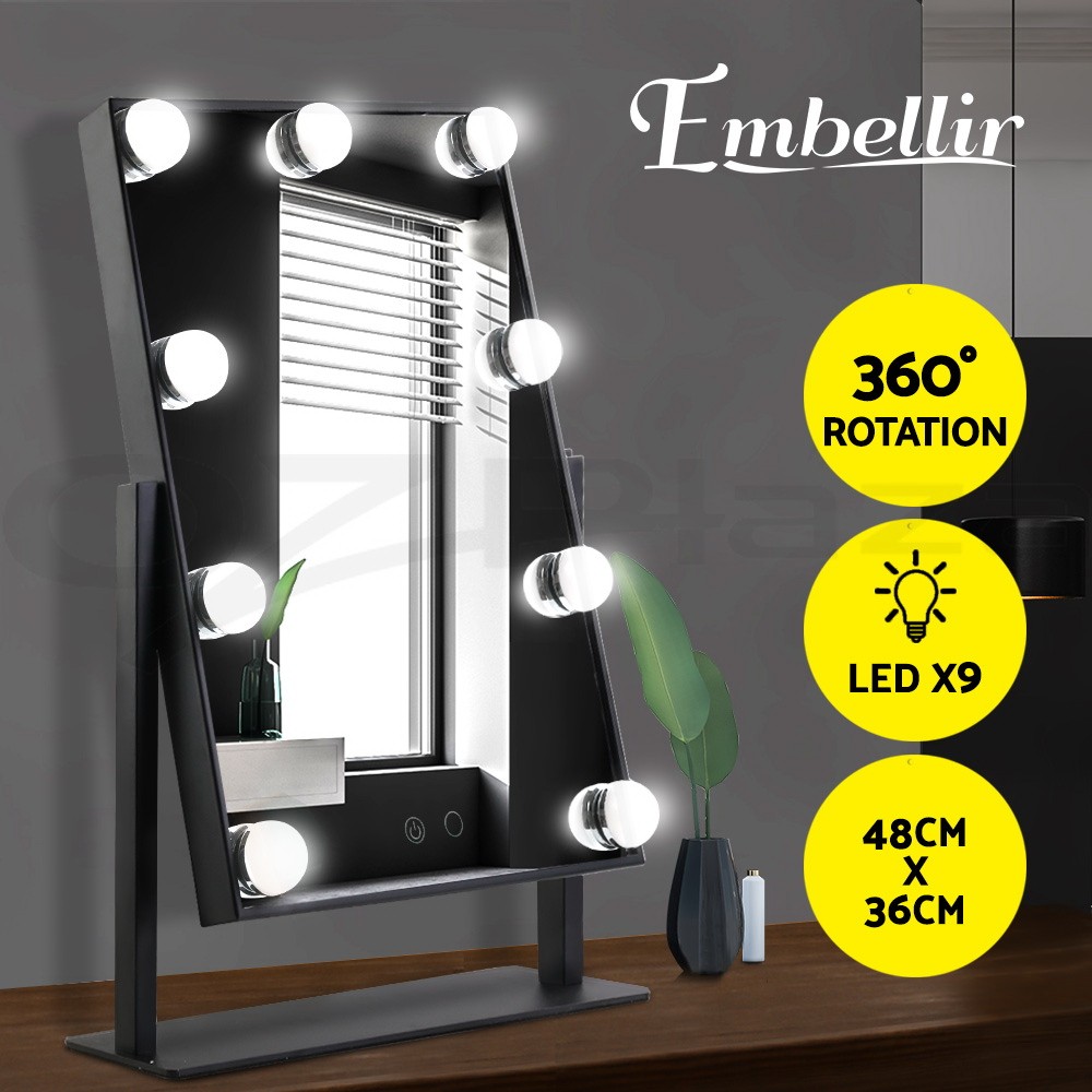 Embellir LED Makeup Mirror 9 Bulbs Lighted Tabletop Black-48 36cm Touch Control