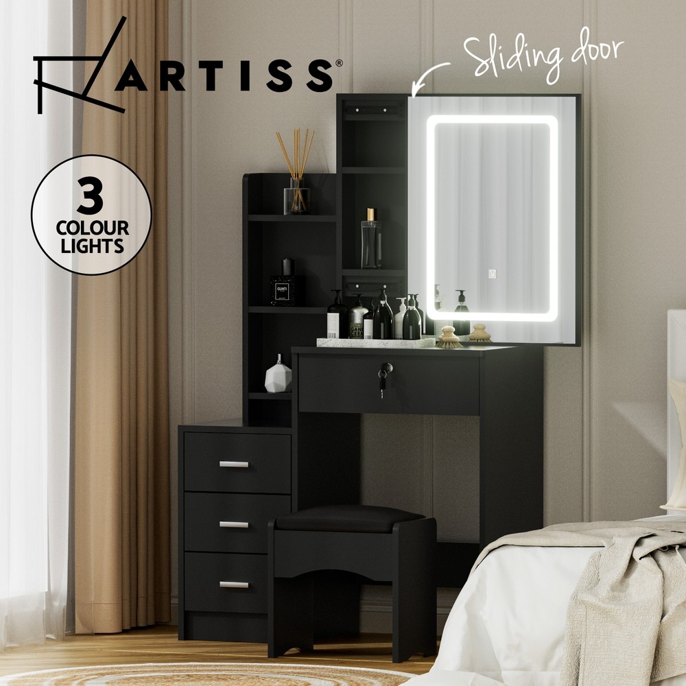 Artiss LED Dressing Table Vanity Sliding Mirror Door Hidden Storage Black Stool