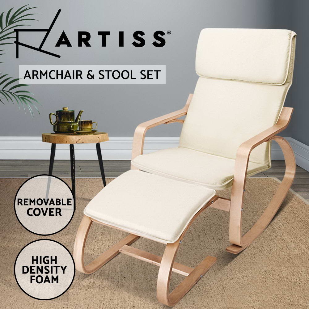 Artiss Bentwood Rocking Armchair 100 Cotton Fabric Beige 150kg Contemporary