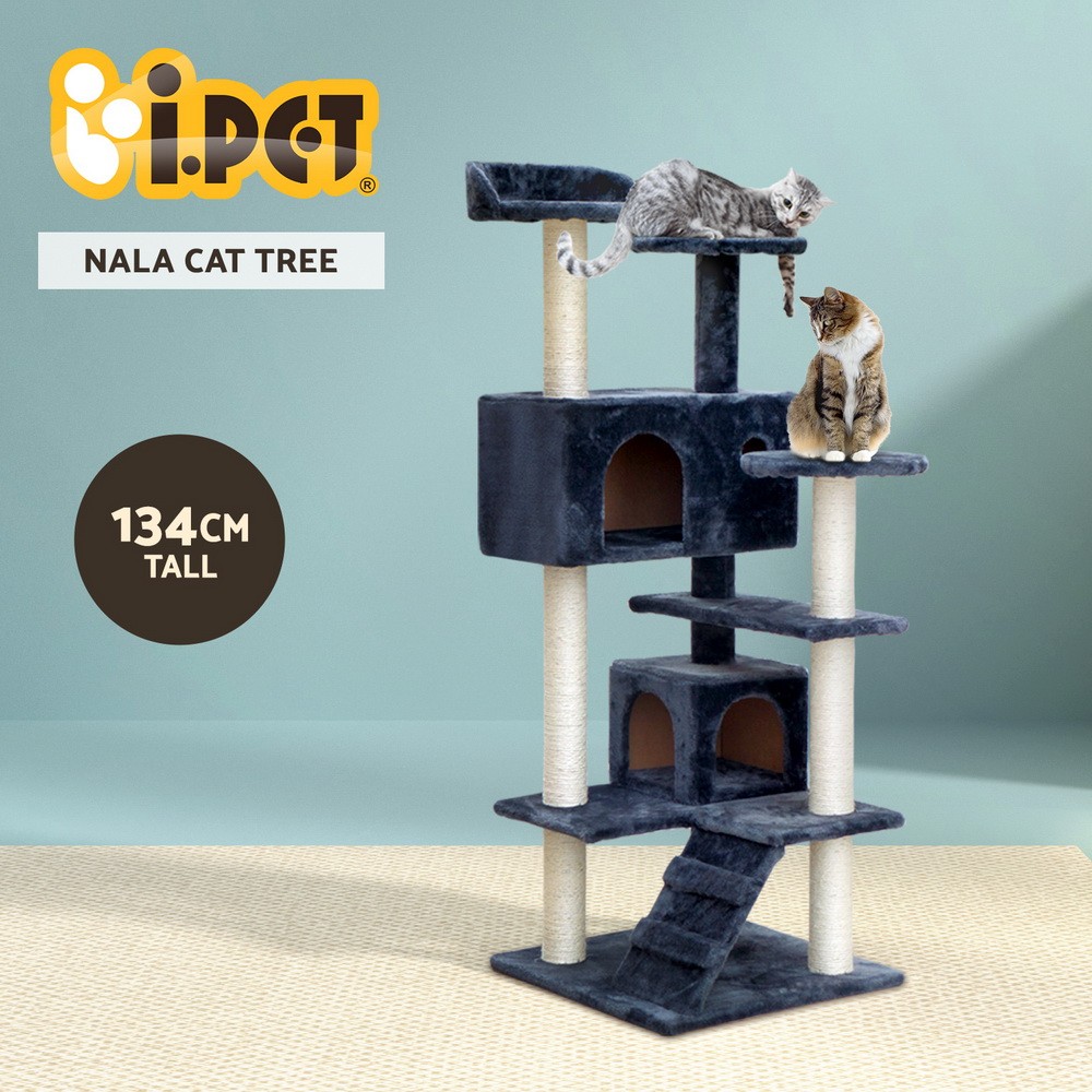 i.Pet Cat Tree Tower 134cm Grey Multi-level Sisal Scratching Post Plush Bed