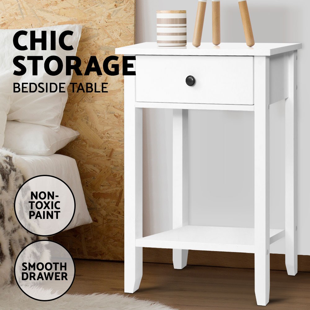 Artiss Bedside Table BOWIE 1 Drawer Shelf Storage White MDF 50cm 30cm 74cm Metal