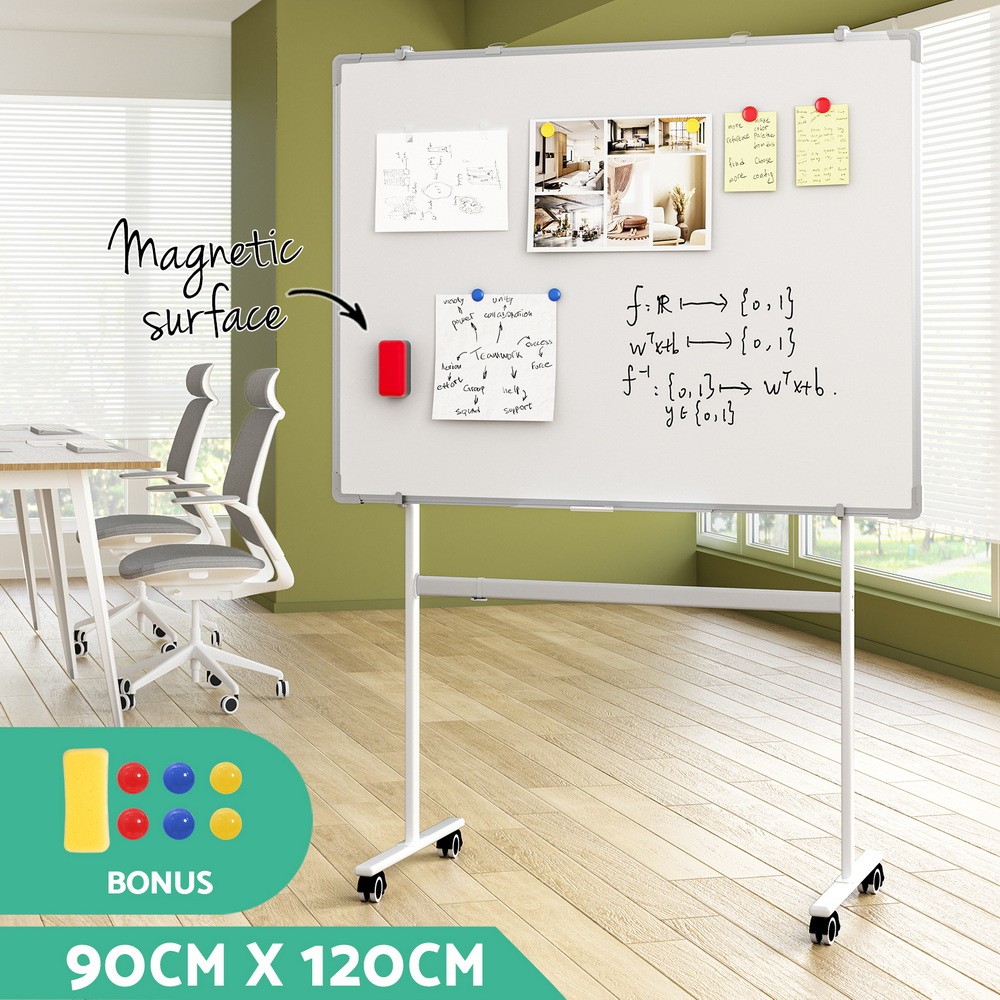 Standing Magnetic Whiteboard 90x120cm Double-Sided with Wheels Lockable Casters