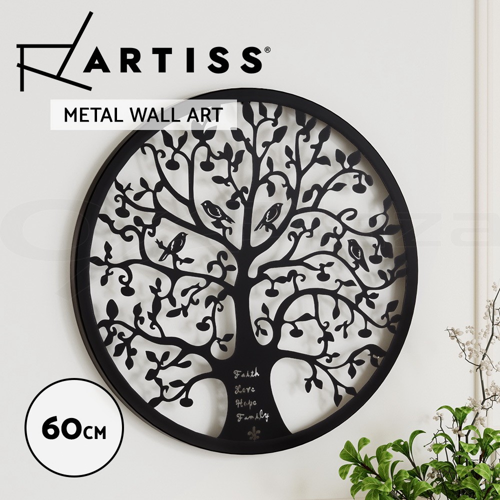 Artiss Metal Wall Art Tree of Life Round Frame Black 60 cm Home Decor Sculpture