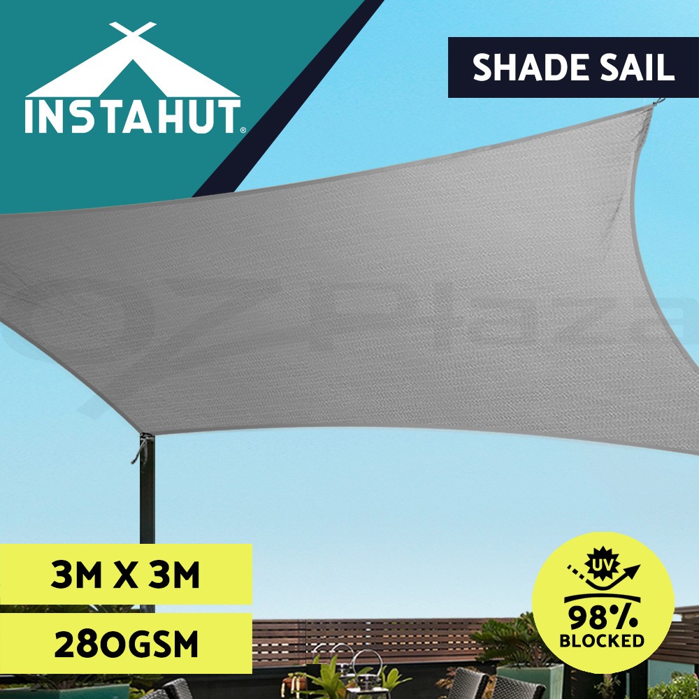 Instahut Shade Sail Rectangle Grey 280gsm 3x3m Heavy Duty UV-resistant Canopy
