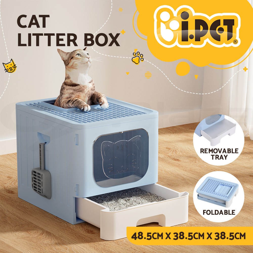 i.Pet Enclosed Hooded Cat Litter Box Foldable Removable Tray Scoop Blue Plastic