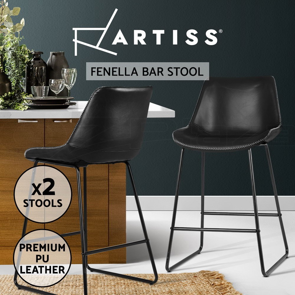 Artiss Fenella Bar Stools x2 Leather Black Steel 70cm Padded Seat Contemporary