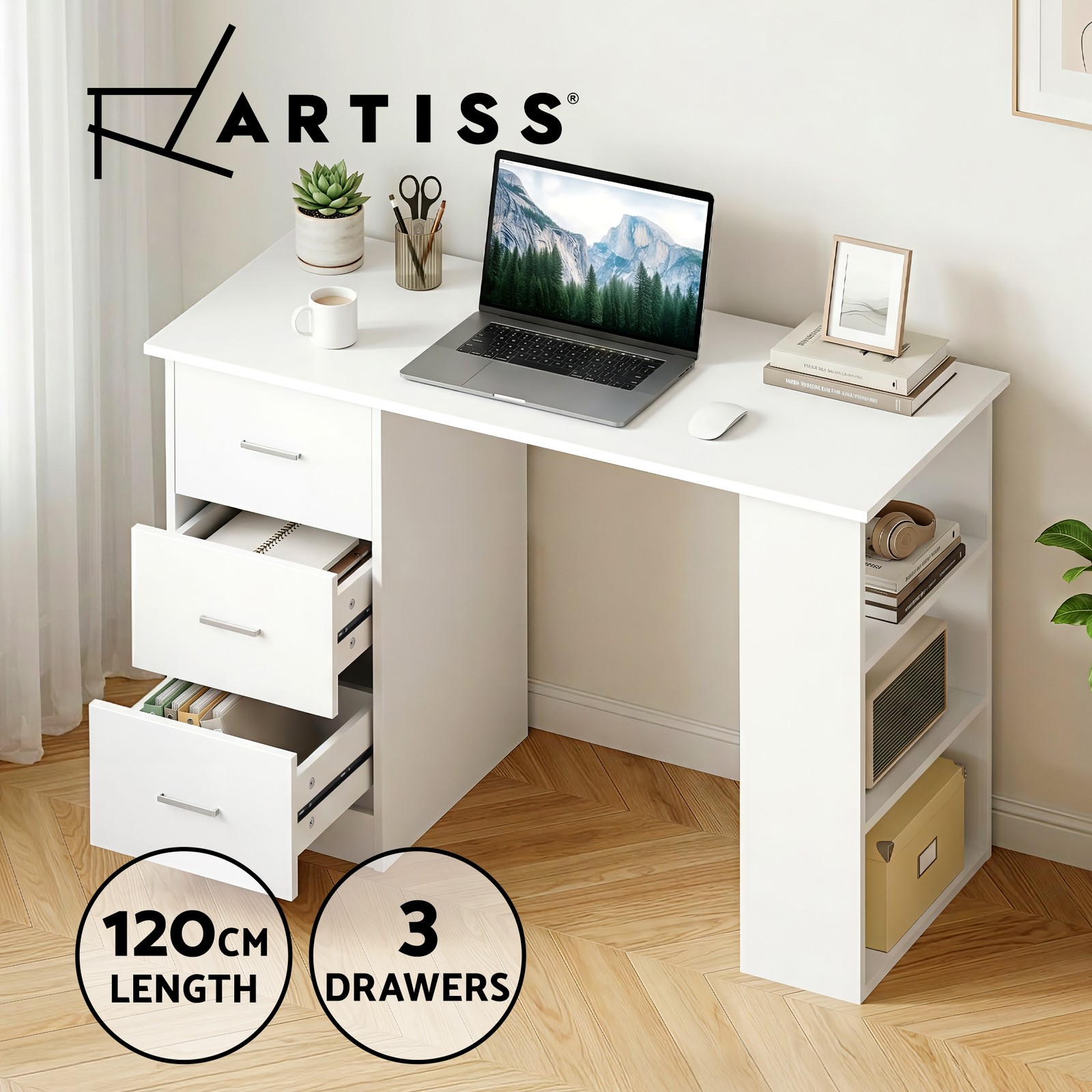 Artiss Bobb Computer Desk 3 Drawers 3-Tier Shelves White 120cm Particle Board