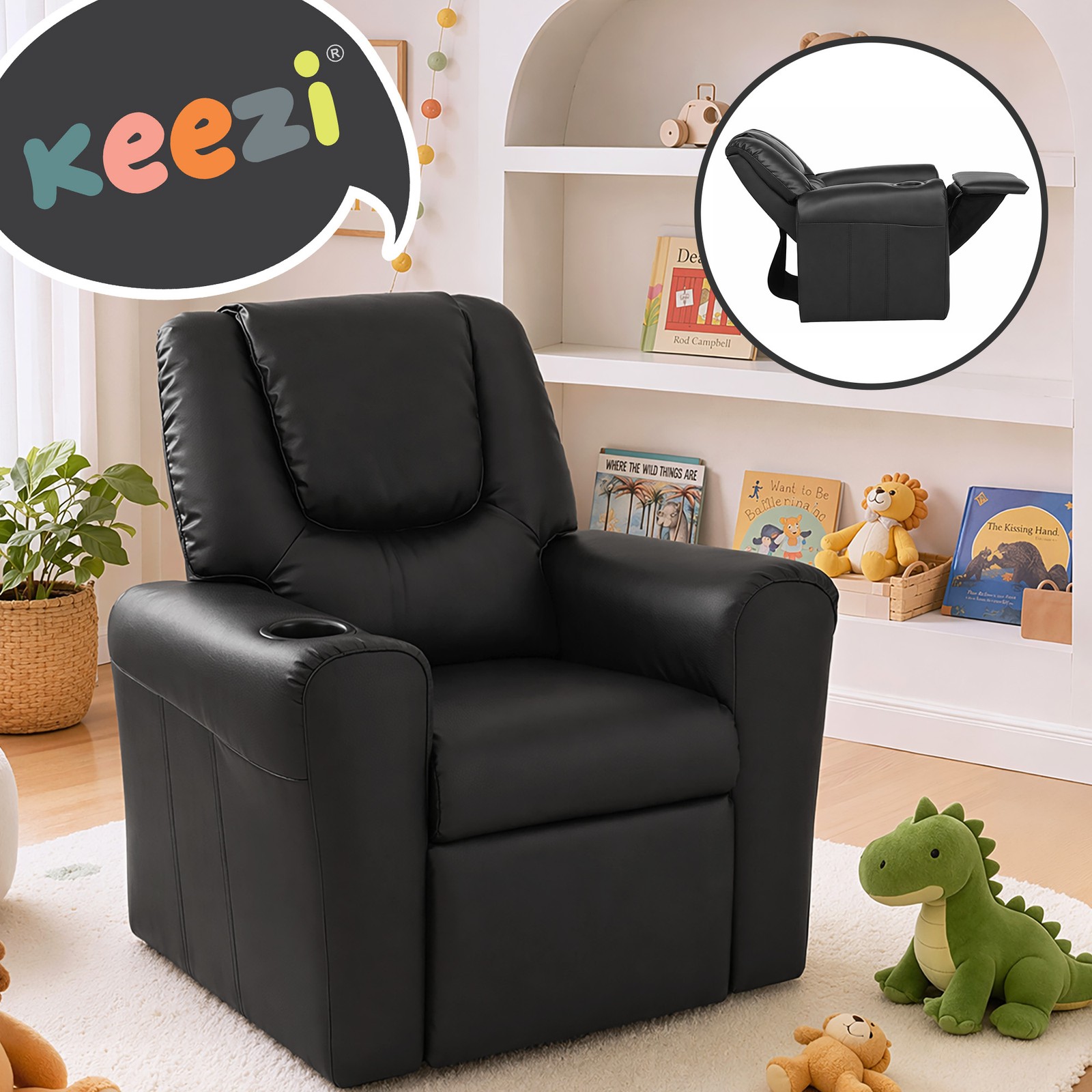 Artiss Kids Recliner Chair PU Leather Sofa Black KID-RECLINER-BK Cup Holder