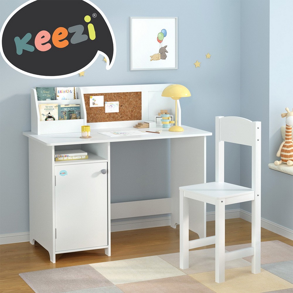 Keezi Kids Table Chair Set White MDF Pine Wood Storage Cabinet Study Play Desk