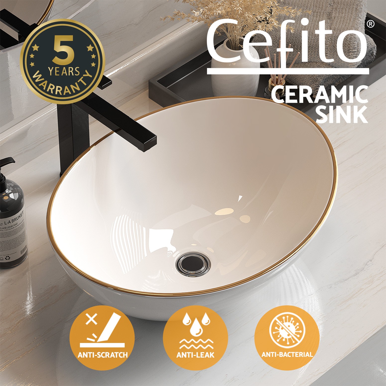 Cefito Ceramic Bathroom Vanity Basin Sink Hand Wash White Gold Line 41x34cm