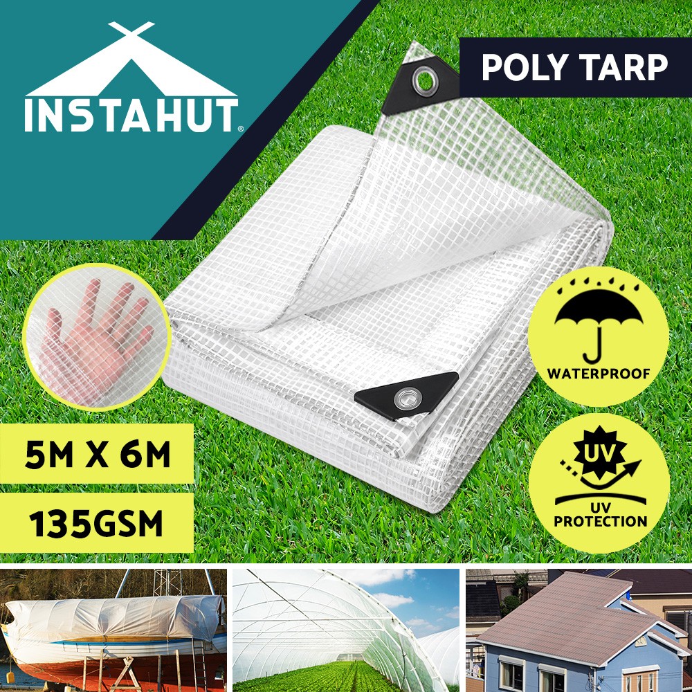Instahut Poly Tarp 5x6m Waterproof Heavy Duty Camping Cover Clear UV-resistant