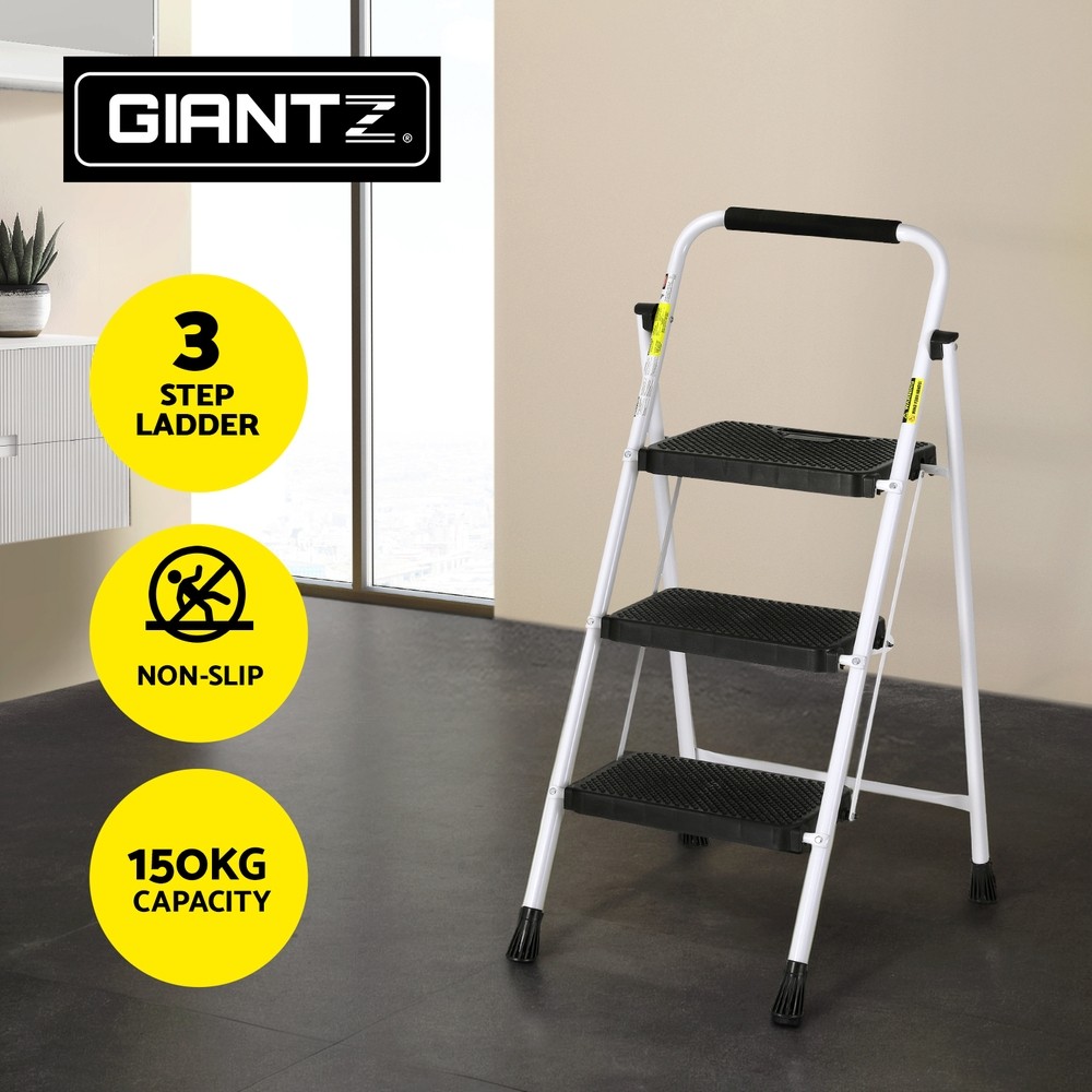 Giantz 3 Step Ladder Folding Steel Lightweight Non-slip 150kg White Black 104cm
