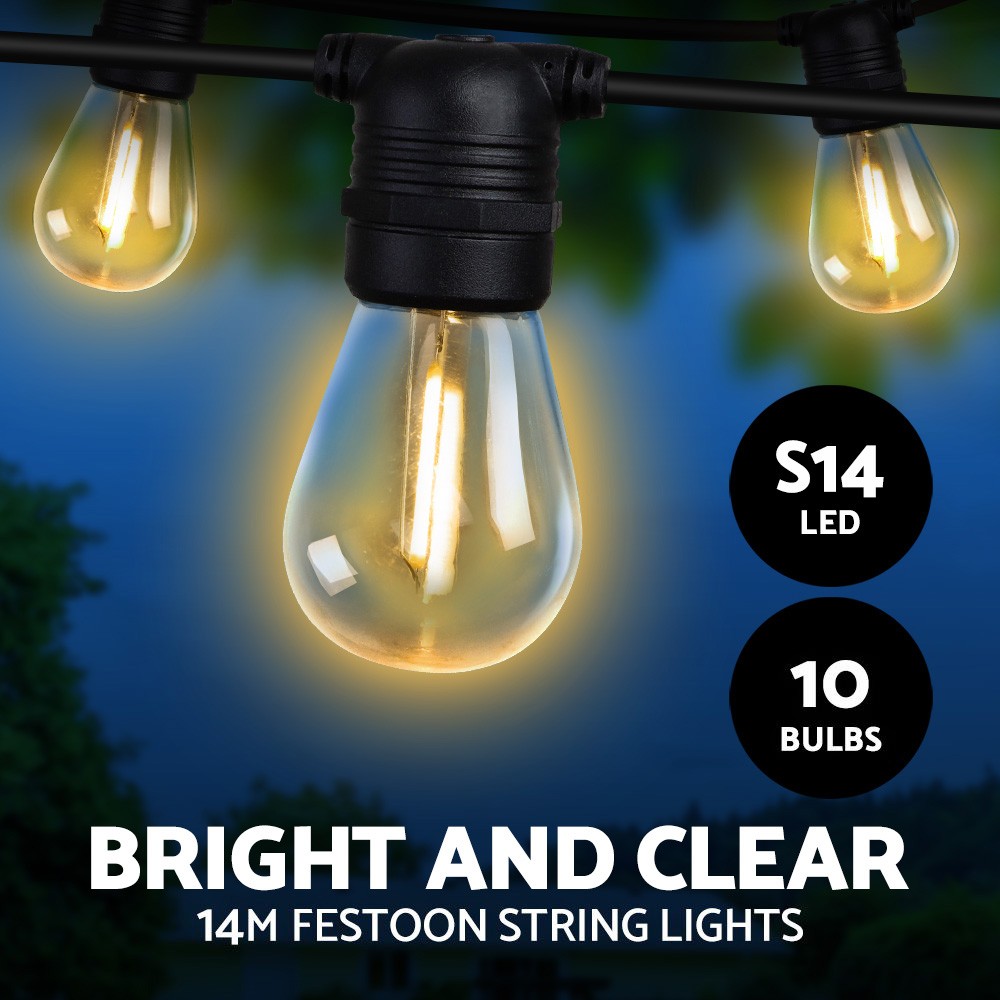 Jingle Jollys 14m LED Festoon String Lights Warm White IP44 Outdoor Wedding
