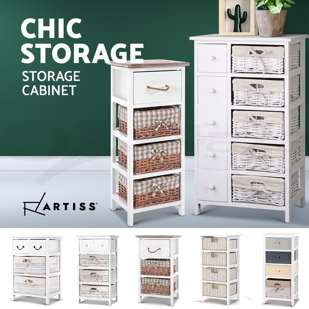 Artiss Alcott Storage Cabinet Chest Drawers White Wicker Basket 40cm Paulownia