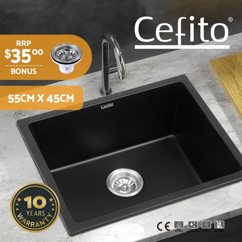 Cefito Granite Kitchen Sink Single Bowl Black 55x45cm 23cm R10 Waste Strainer