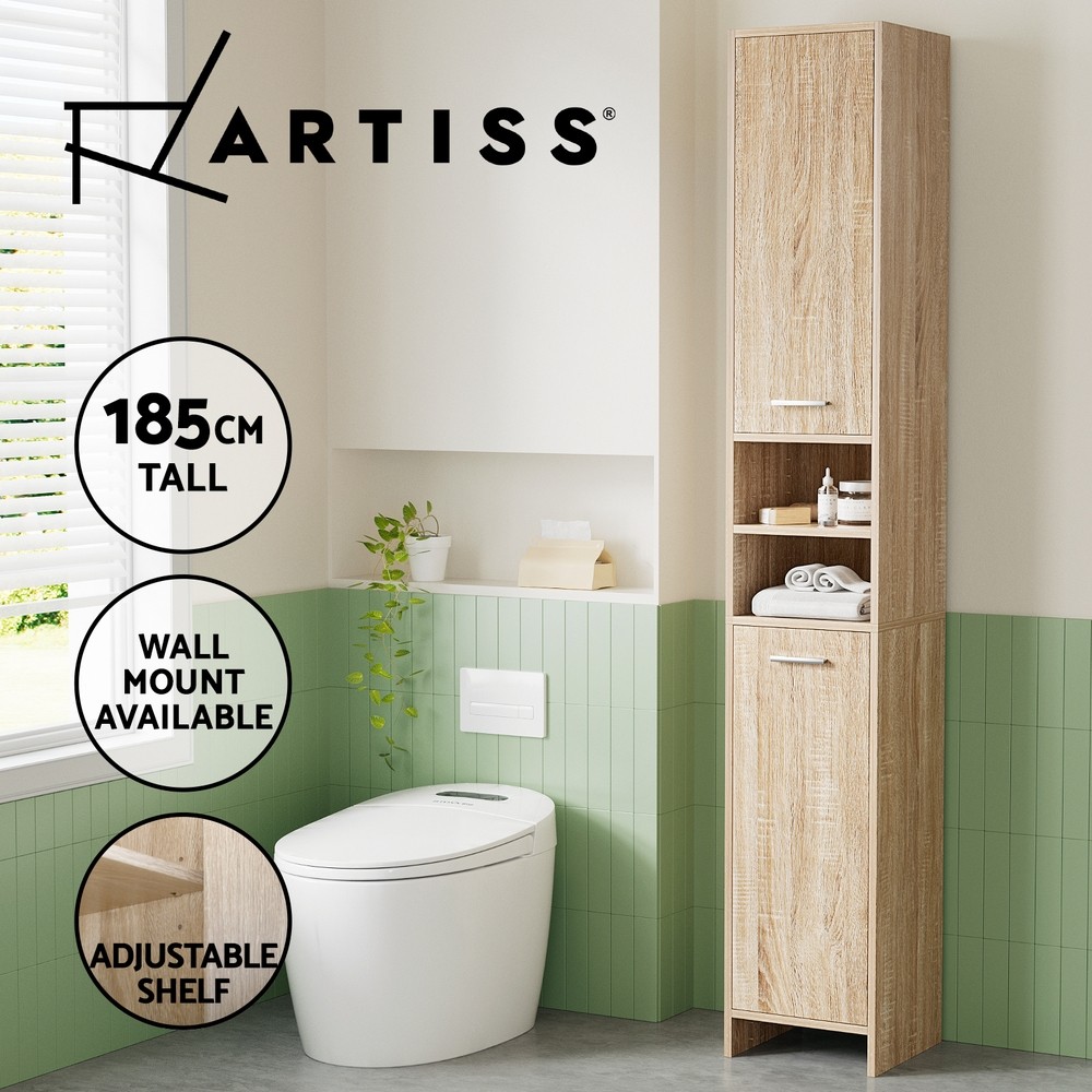 Artiss Bathroom Storage Cabinet 185cm Oak Particle Board 8 Shelves Free Standing