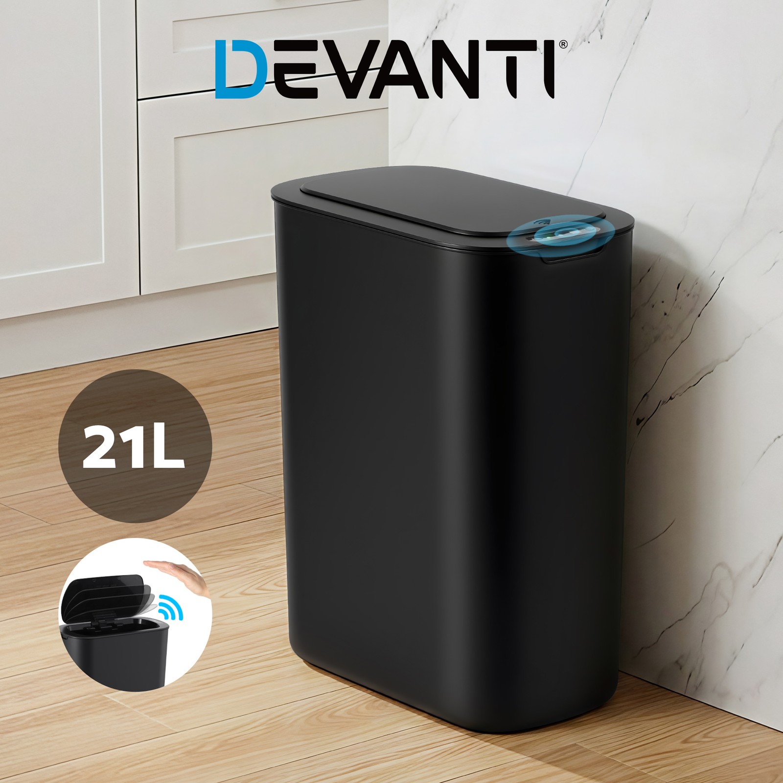 Devanti 21L Motion Sensor Bin Touchless Automatic Kitchen Rubbish Can Black Slim