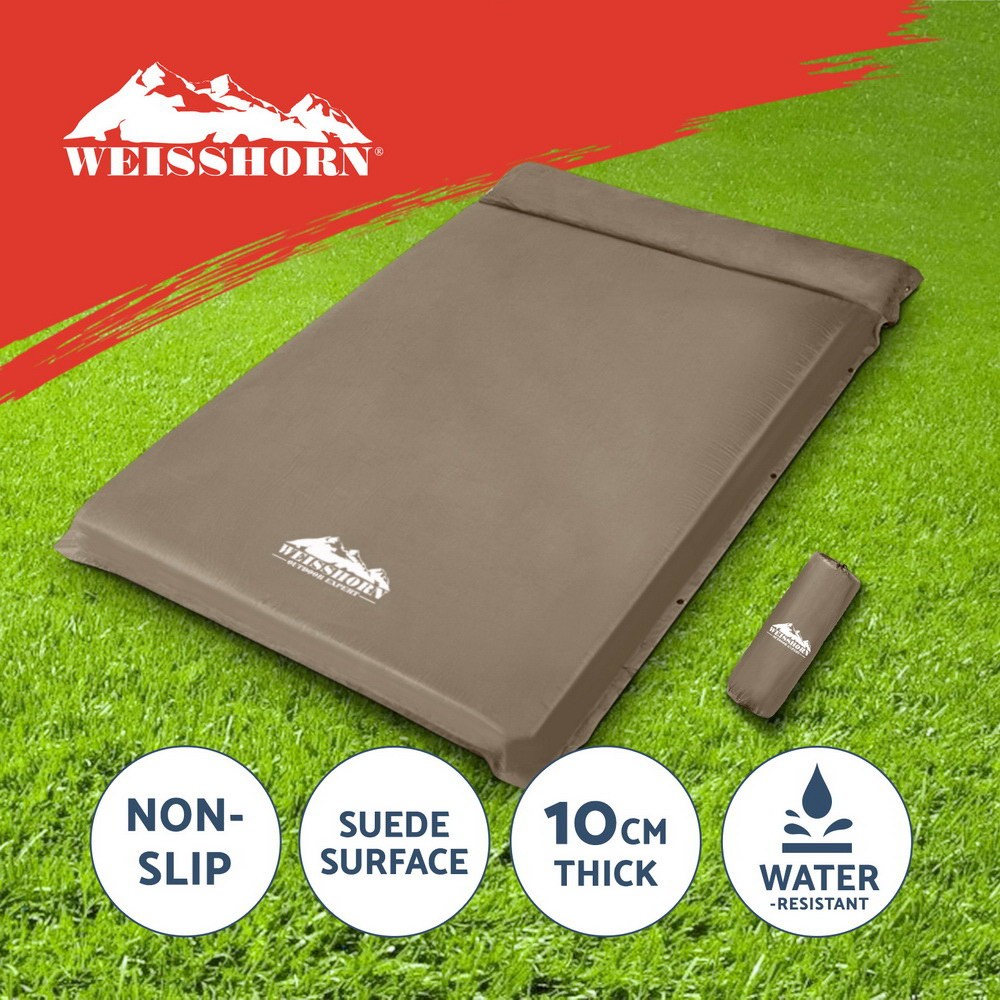 Weisshorn Double Self Inflating Mattress Camping Sleeping Mat 10cm Brown Full