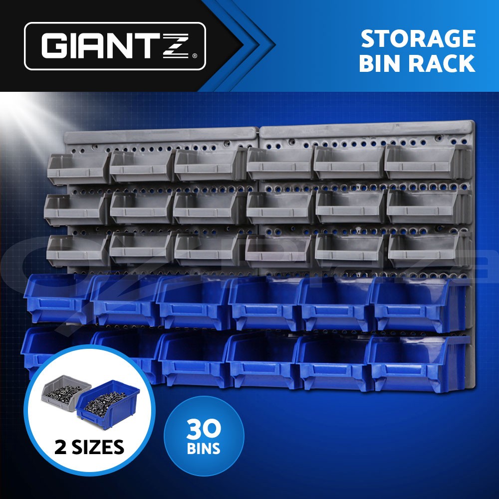 Giantz 30 Bins Storage Rack Wall Mounted Peg Board 36kg Garage Tools Workshop