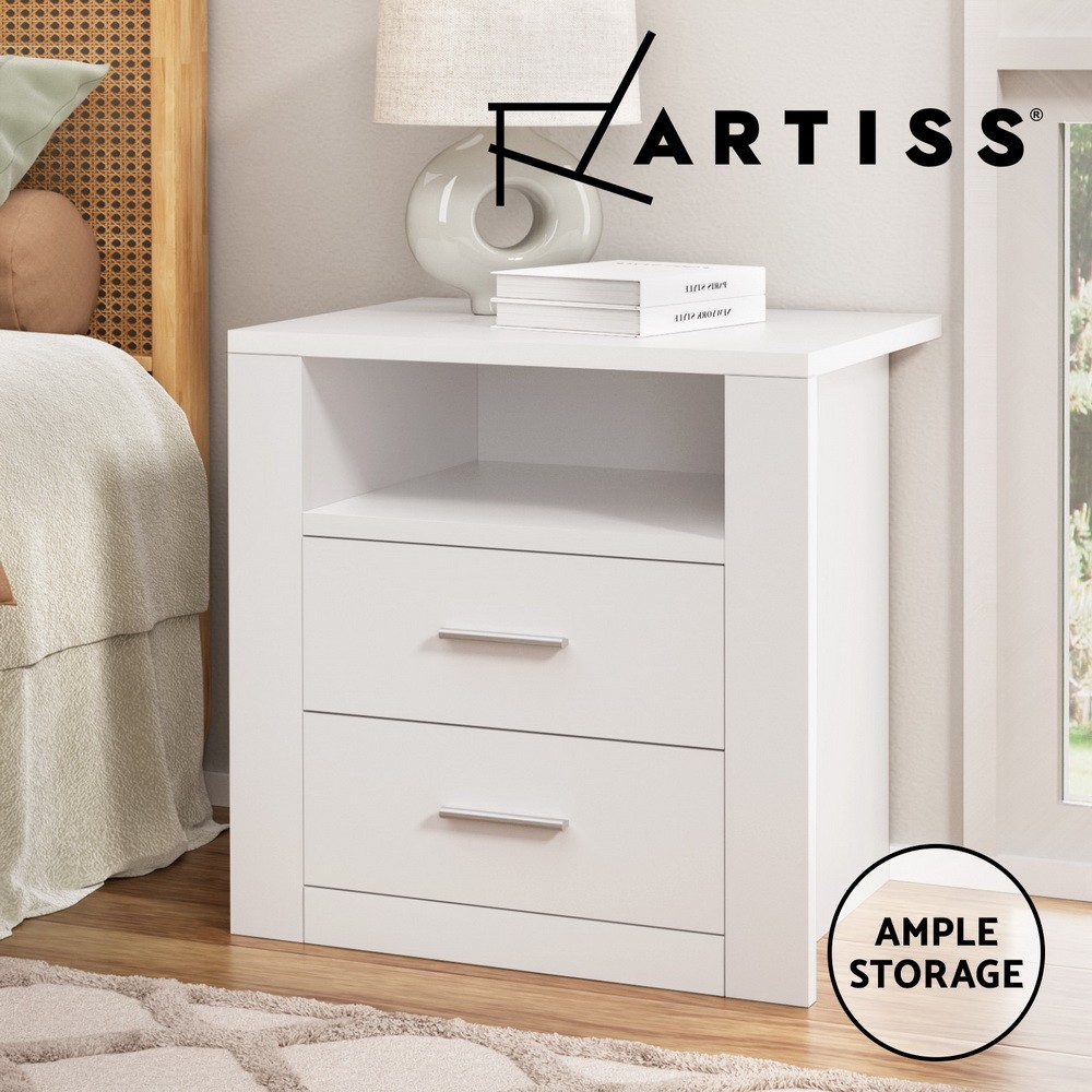 Artiss Bedside Table 2 Drawers Open Shelf Storage White Modern 51.5cm 39.5cm