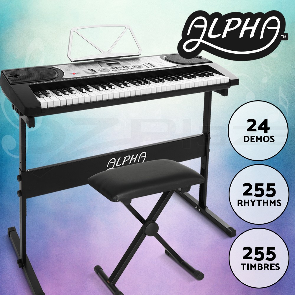 Alpha EK-60 61-Key Electronic Piano Keyboard Silver Stand Stool Battery Powered