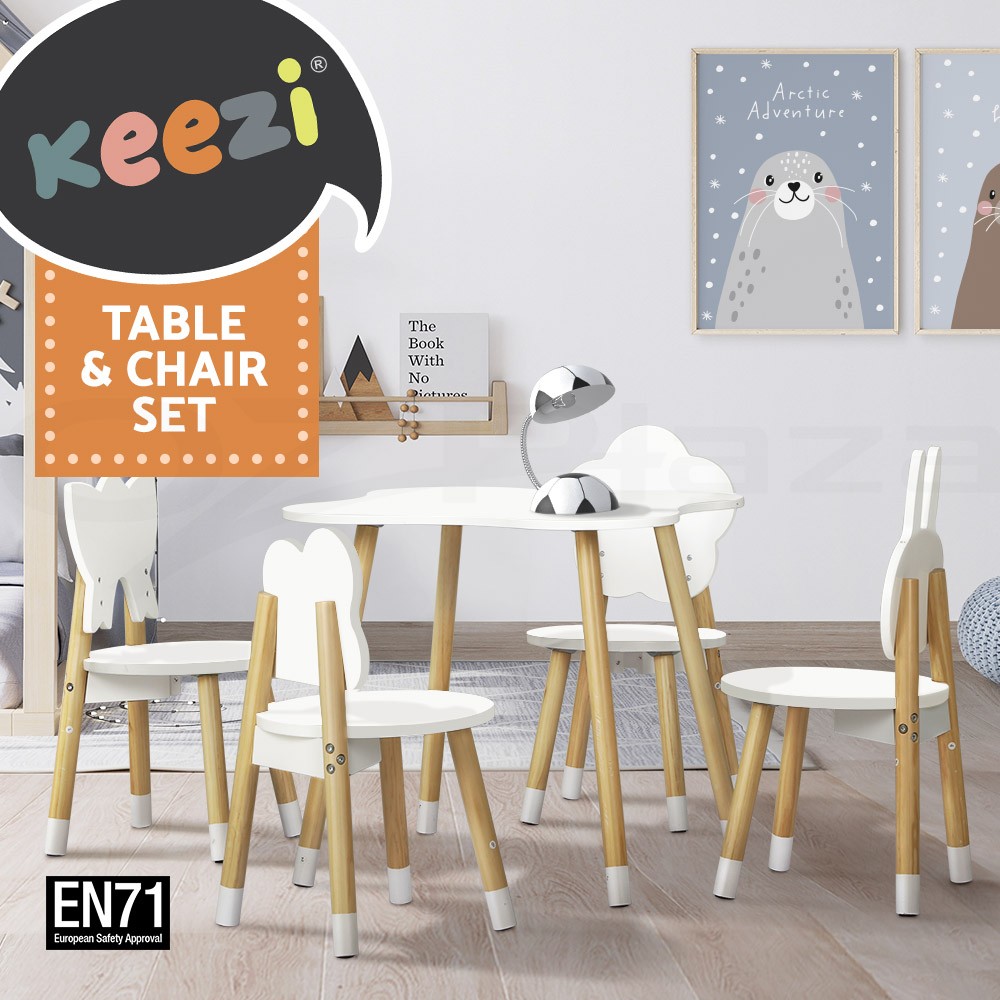 Keezi 5 Piece Kids Table Chairs Set Children Play White MDF Pine Space Saving