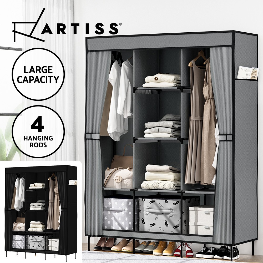 Artiss DIY Fabric Wardrobe 173CM Black 8 Shelf Storage Metal Tube Hanging Zipper