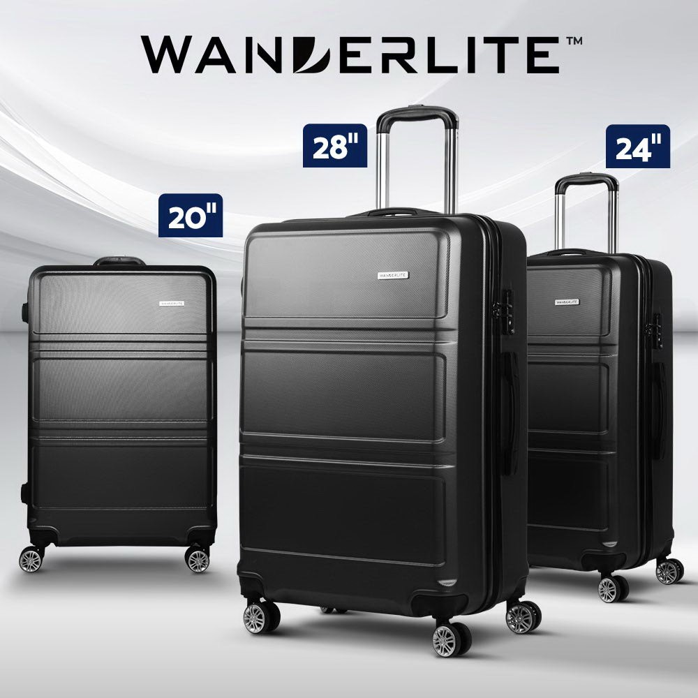 Wanderlite 3pc Luggage Trolley Set 20 24 28 ABS Hard Shell Black TSA Carry On