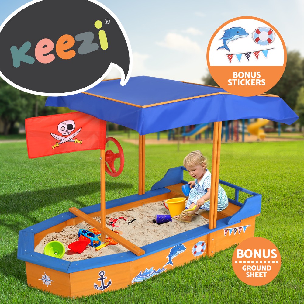 Keezi Boat Sandpit Wooden Canopy Steering Wheel Ground Sheet 78 x 150 x 103cm