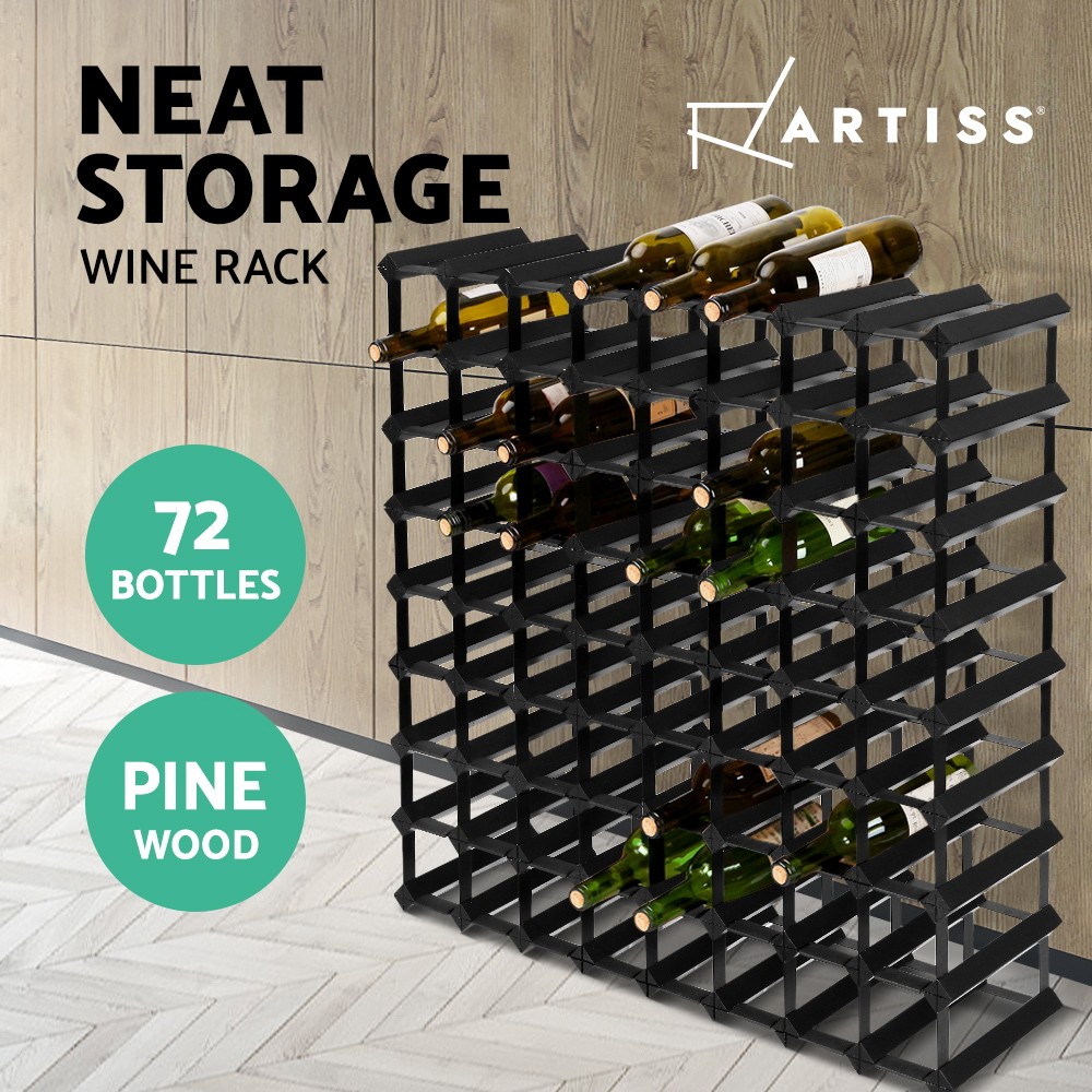 Artiss Wine Rack 72 Bottle Stackable Pine Wood Steel Black 80cm 80cm 23.5cm