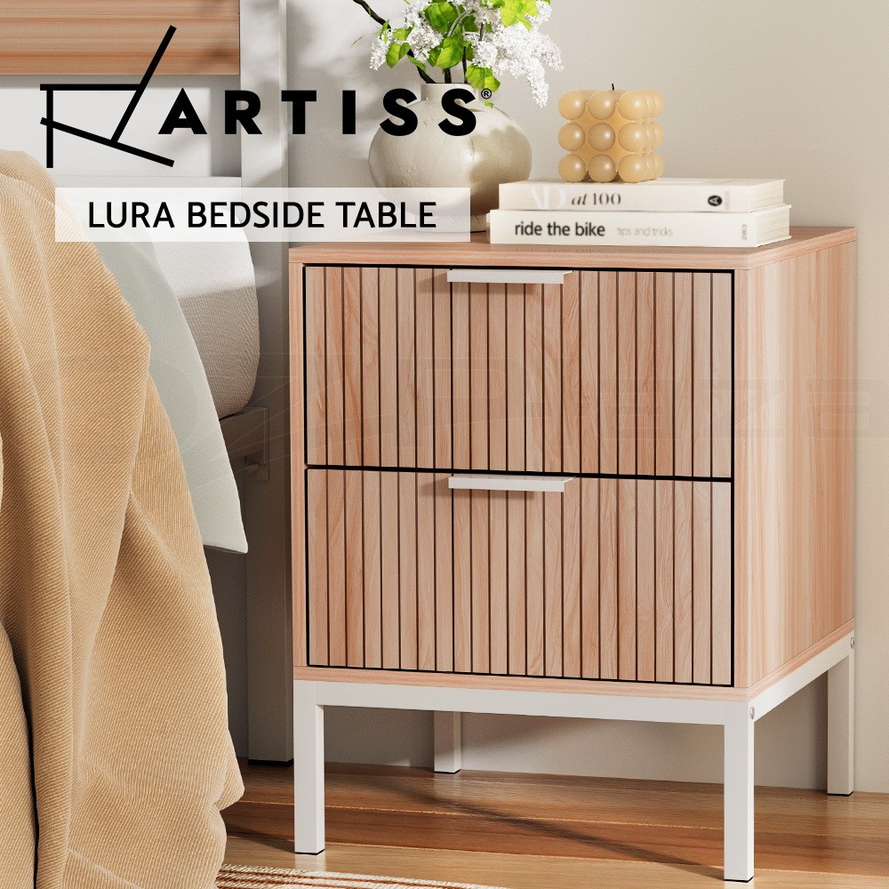 Artiss LURA Bedside Table Drawers Two-tone Pine White Fluted Metal Legs 40cm