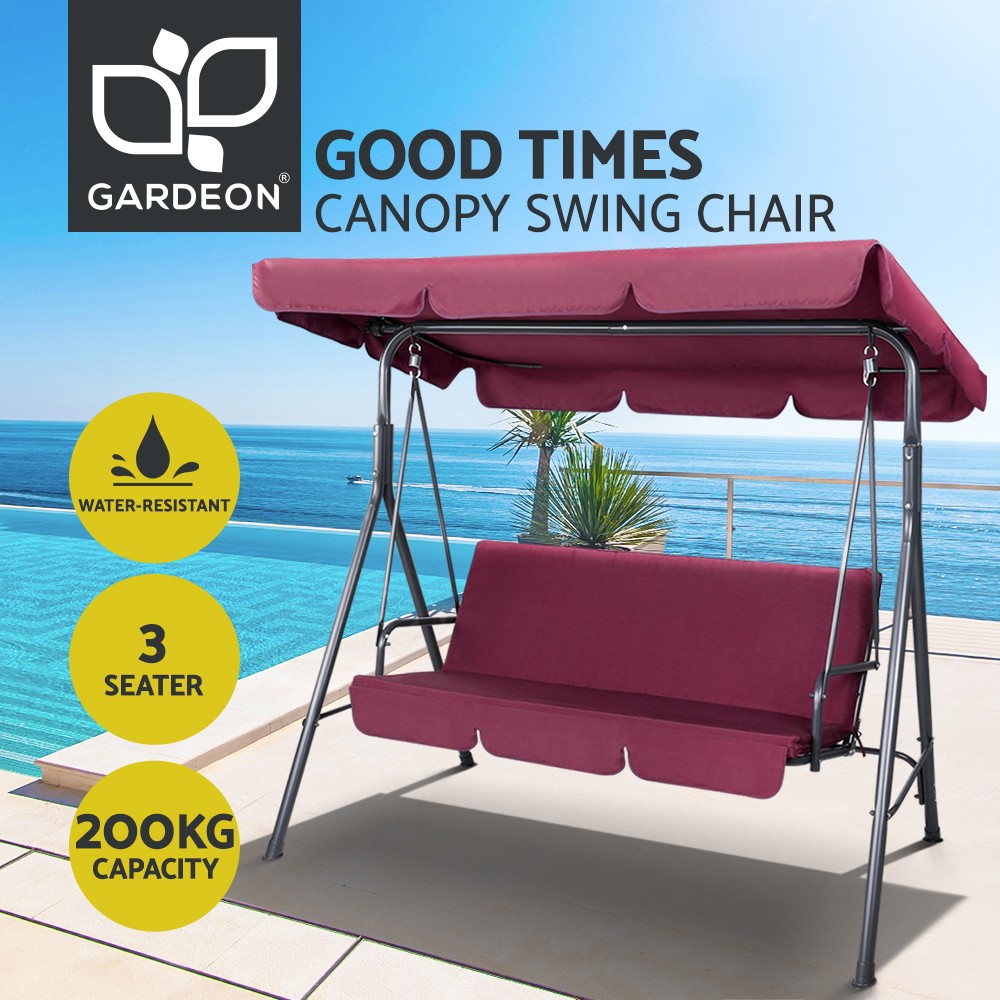 Gardeon 3 Seater Outdoor Swing Chair Canopy Wine Red Steel 170x110x155cm 200kg