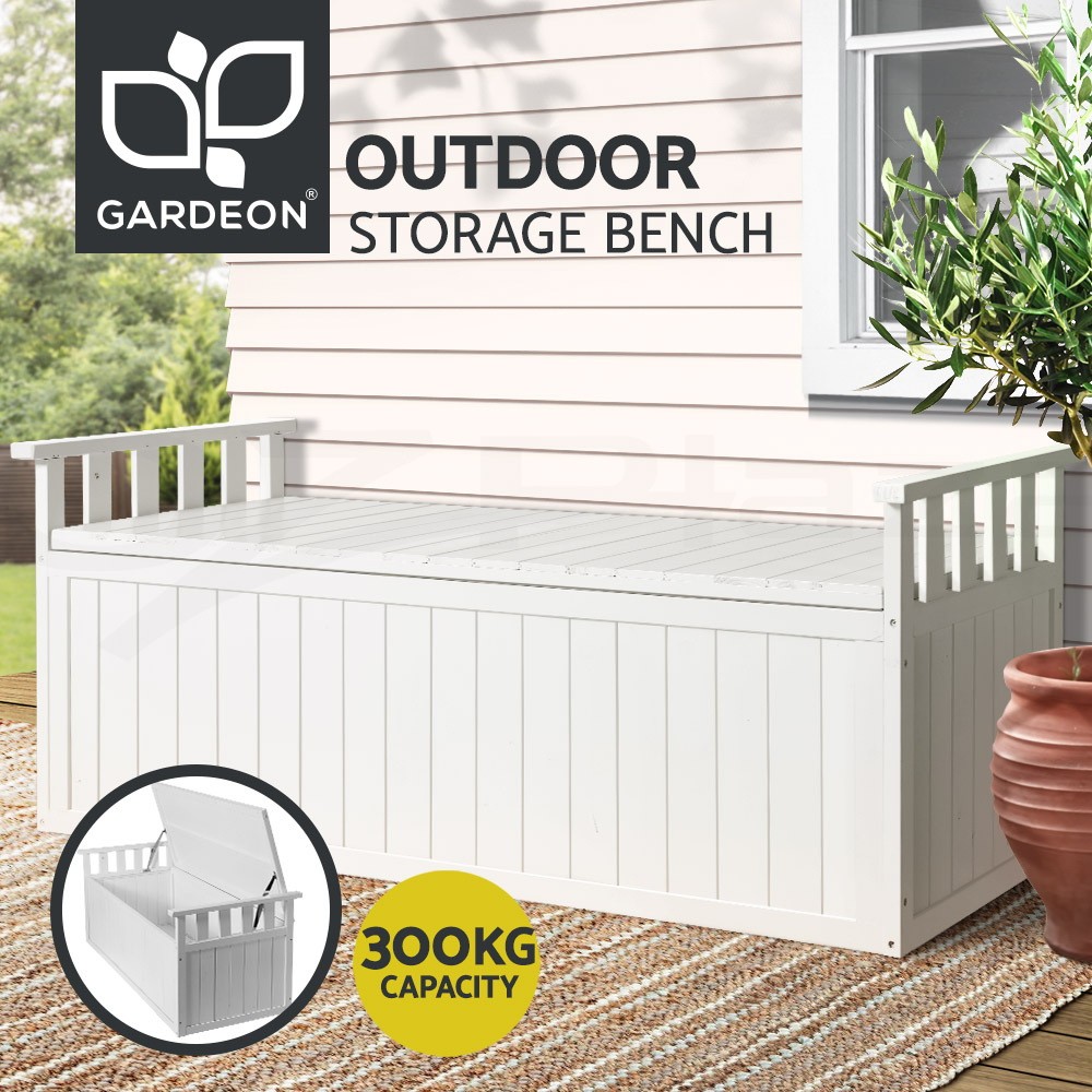 Gardeon Outdoor Storage Bench Box 129cm Fir Wood White 200L 300kg Lift-up Seat