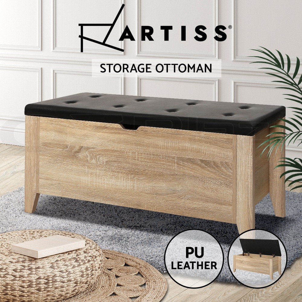 Artiss Storage Ottoman Bench Faux Leather Footstool Oak 30kg Storage Capacity