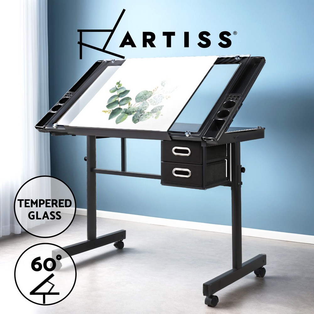 Artiss Mondrian Drawing Desk With Stool MDF Adjustable Height 2 Drawers Black