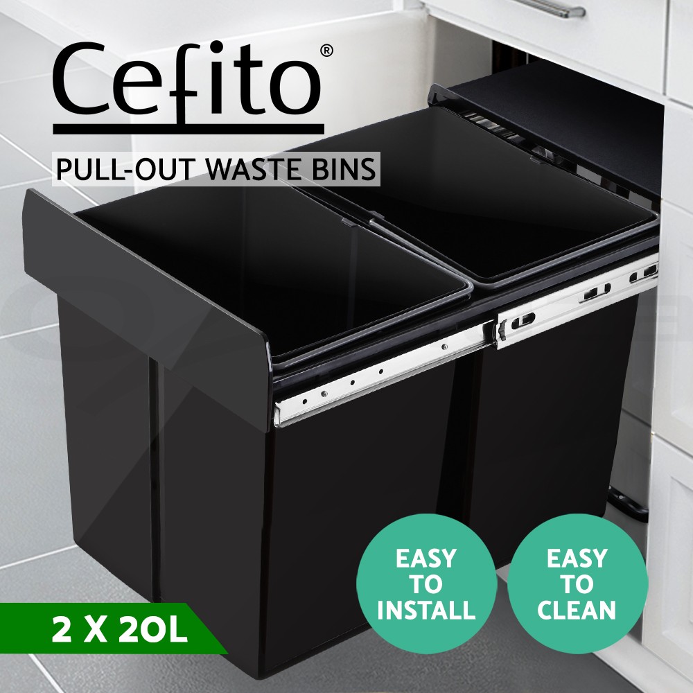 Cefito Pull-Out Kitchen Bins 2X20L Black Dual Twin Sliding Removable Lid Steel