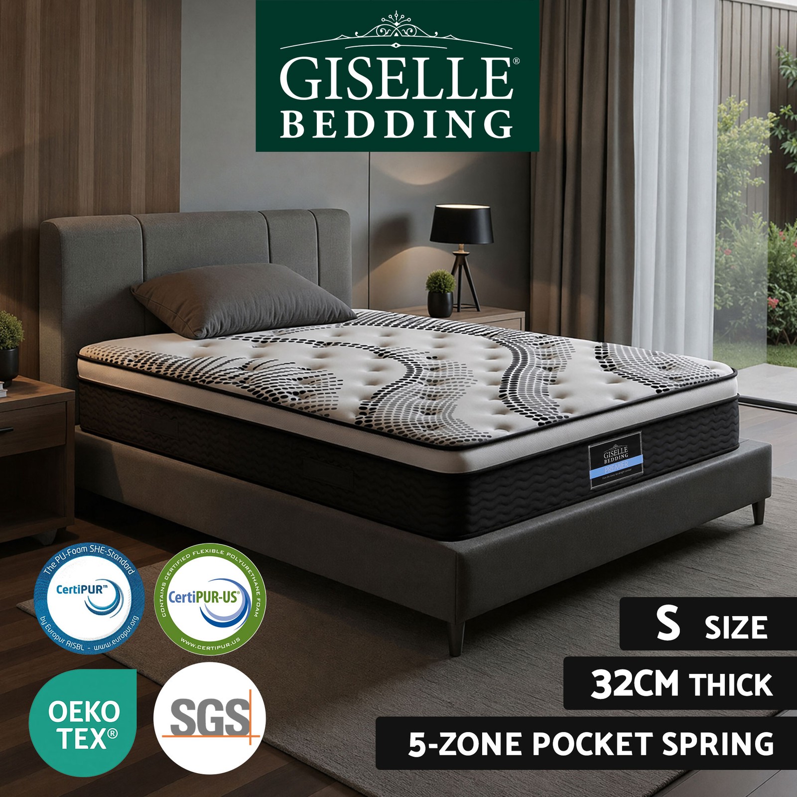 Giselle Bedding Single Mattress 907 32cm 5-Zone Pocket Spring Medium Firm Euro