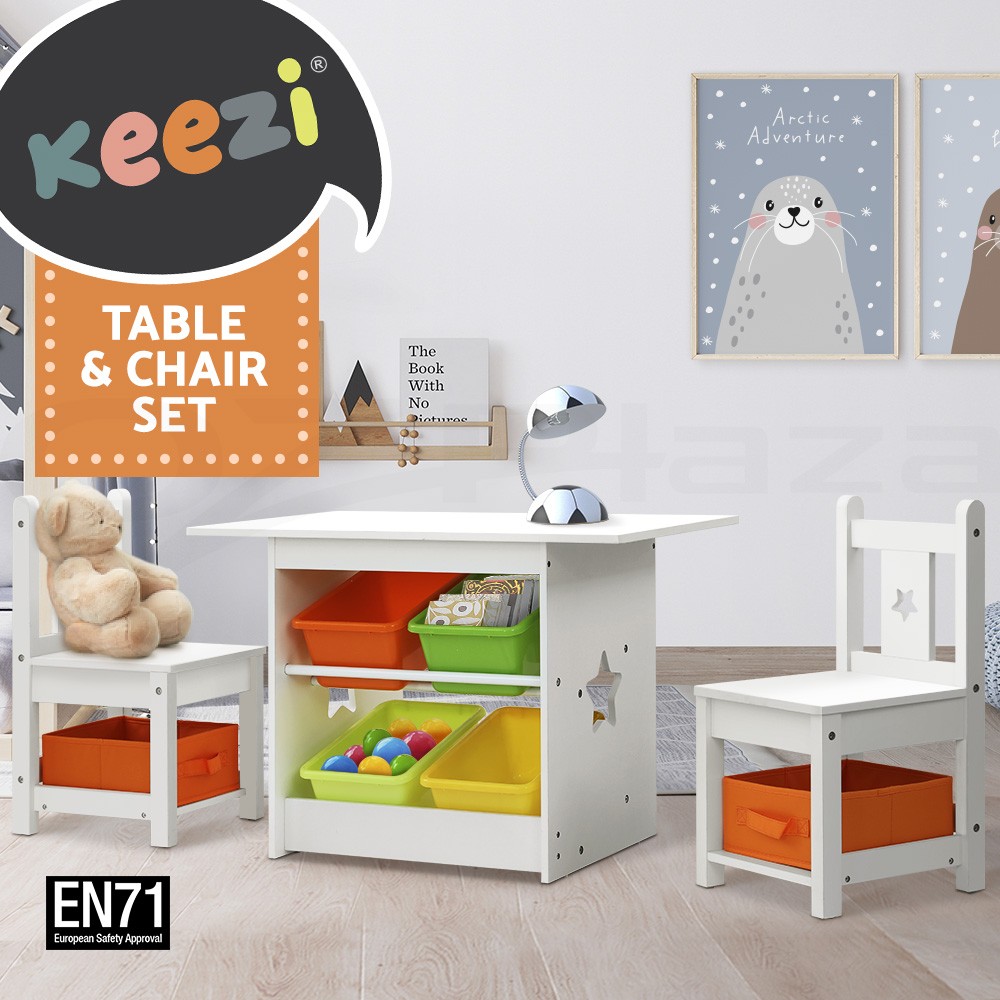 Keezi Kids Table Chairs Set 3 White Storage Box 75cm 46.5cm 48cm Non-woven EN71