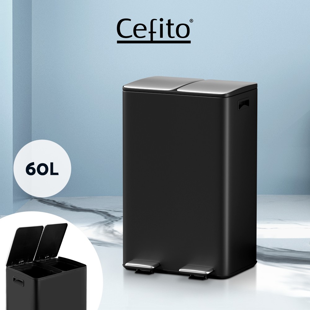 Cefito Pedal Bin Dual Compartment Recycle 60L 30L Black Steel Soft Closing 71cm