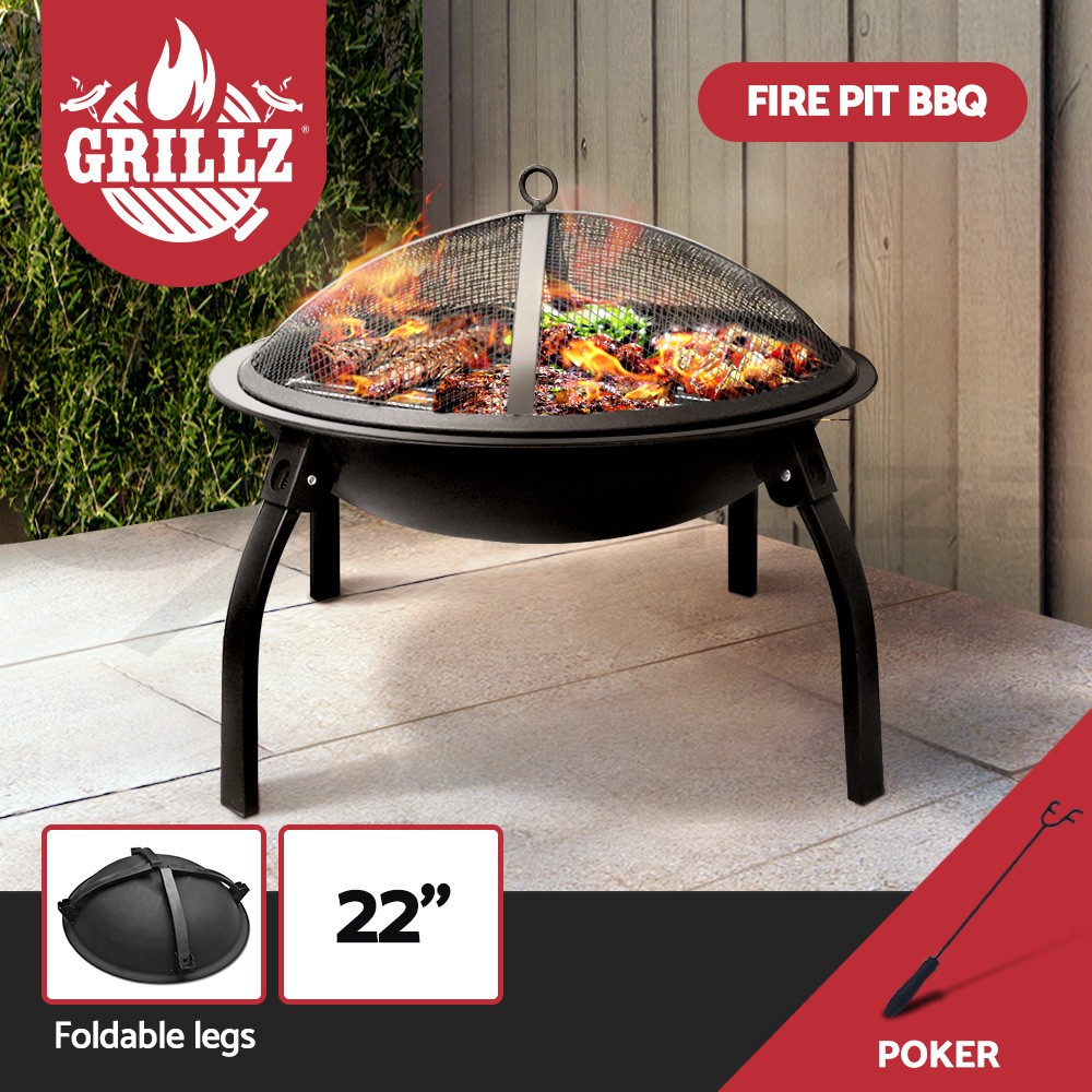 Grillz Fire Pit BBQ Charcoal Portable Steel Black 22 Camping Mesh Dome Poker