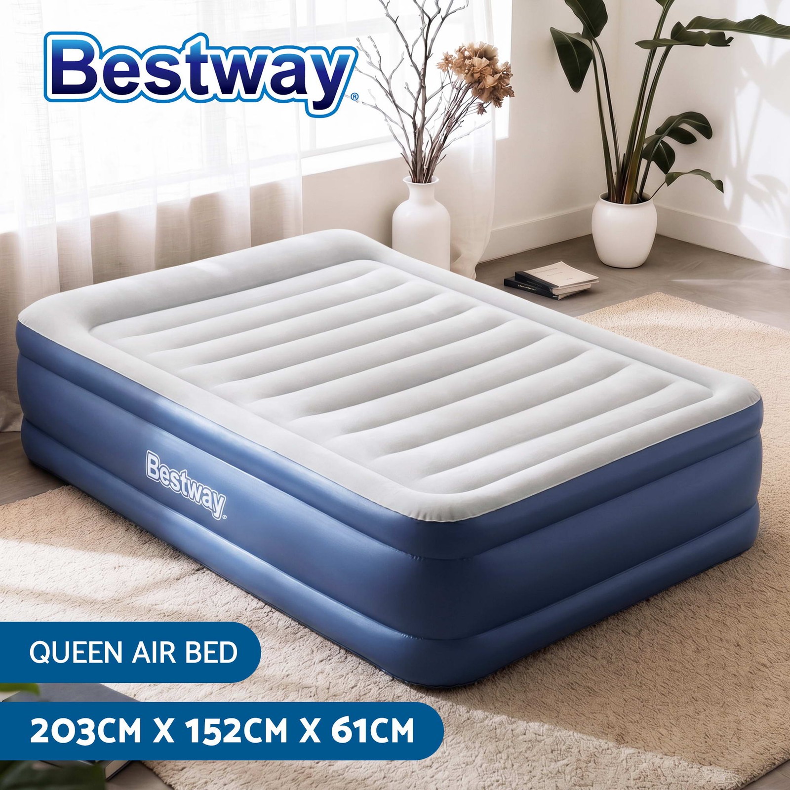 Bestway Queen Air Bed TRITECH Inflatable Flocked Surface Built-in Pillow 240V
